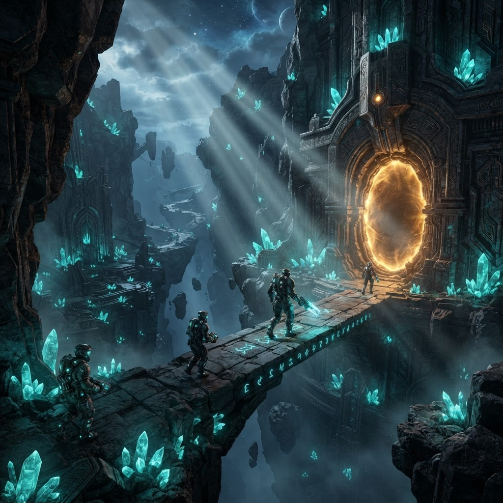 科幻奇幻世界中的高精度角色探索发光遗迹峡谷