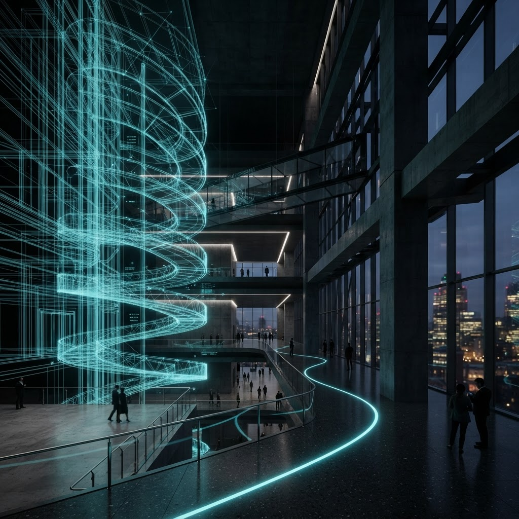 未来主义建筑中庭渲染图，青色 BIM 线框过渡到写实材质